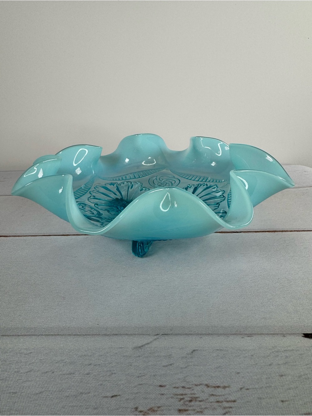 Antique Dugan Glass "Flowers and Frames" Blue Opalescent Footed Ruffled Bowl